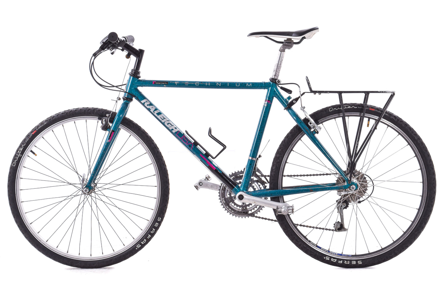 USED 90's Raleigh Technium Medium ATB w/ Splatter Paint Aqua/Black 3x8 speed