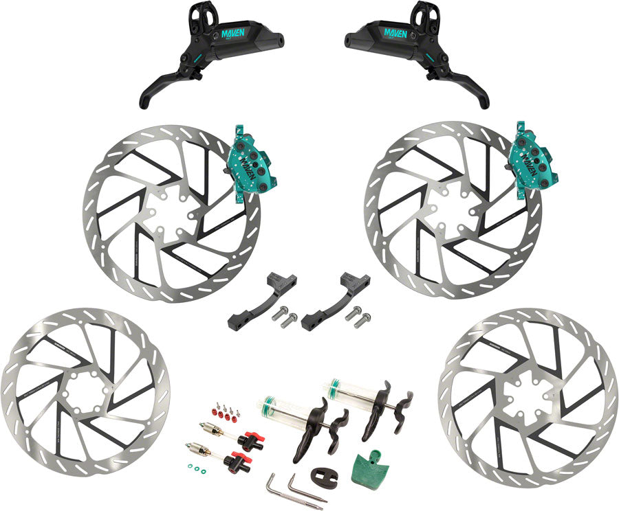 NEW SRAM Maven Ultimate Stealth Expert Disc Brake Kit - Front/Rear Levers, Front/Rear Teal Splatter Calipers, Adapters, Rotors, Bleed Kit, A1