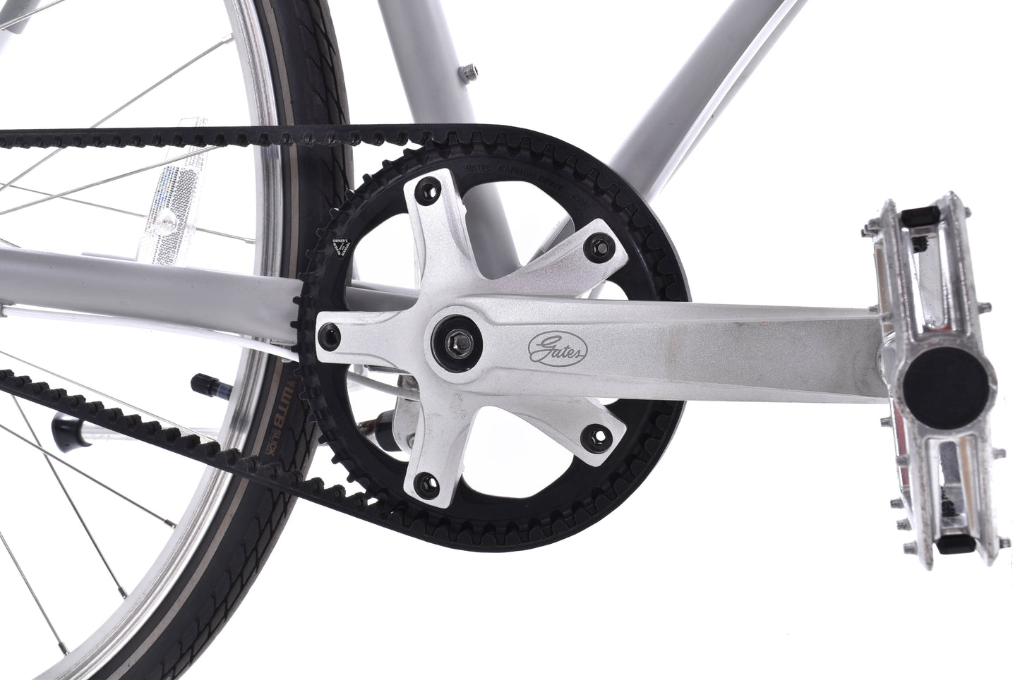 USED Brilliant L Train Medium Gates Belt Drive 7 speed Steel Commuter Bike Shimano Nexus V-Brake Gray w/ Rack + Bag