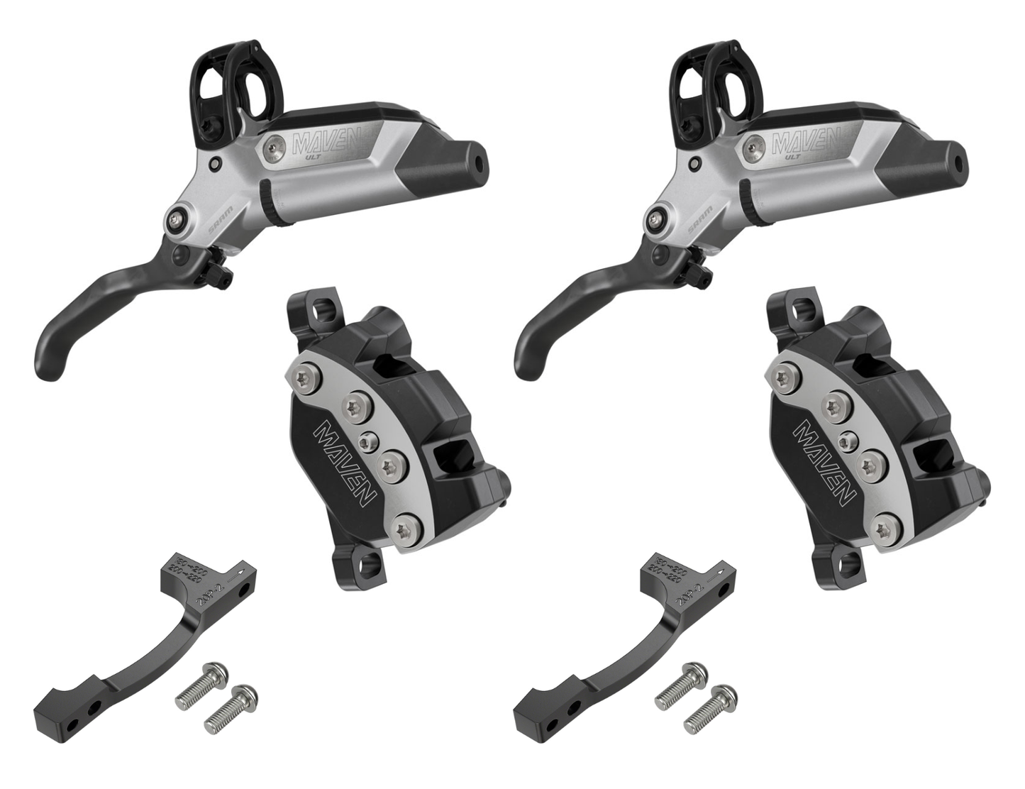 NEW SRAM Maven Ultimate Disc Brake and Lever - Post Mount, 4-Piston, Carbon Lever Blade, Ti Hardware, Silver/Black, B1 - SET (Front and Rear)
