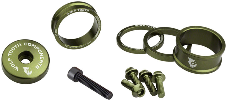 NEW Wolf Tooth BlingKit: Headset Spacer Kit 3, 5,10, 15mm, Olive - Around the Cycle