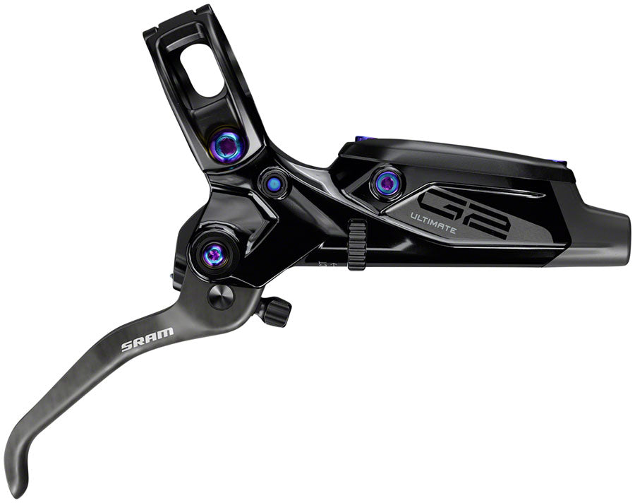 NEW SRAM G2 Ultimate Disc Brake and Lever - Rear, Post Mount, Carbon Lever, Titanium Hardware, Gloss Black with Rainbow Hardware, A2