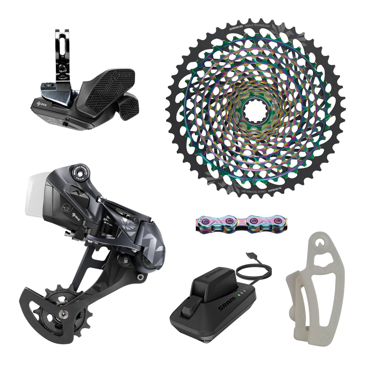 NEW SRAM XX1 Eagle AXS Rainbow Upgrade Kit - Rear Derailleur, Shifter, Cassette 10-52t, KMC Oil Slick Chain, Charger/Cord, Battery