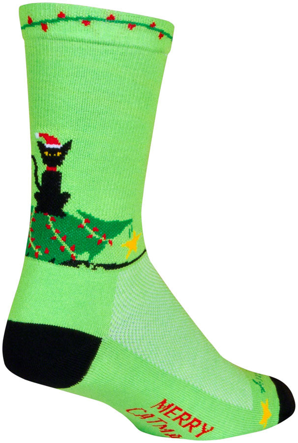 NEW SockGuy Merry Catmas Crew Socks - 6 inch, Green/Black, Small/Medium - Around the Cycle