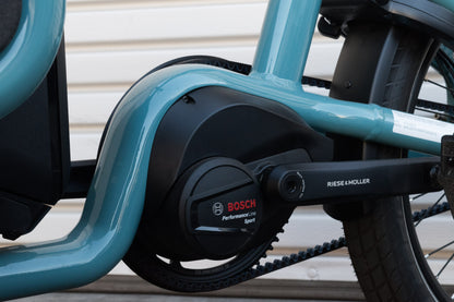 NEW* Riese & Muller Carrie Vario Front Loader e-Cargo Bike, Aqua, Child Seat, Rain Cover- Floor Model