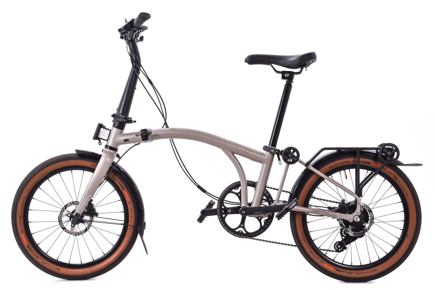USED Brompton G Line 8 Speed Small Folding Bike 20" Wheels Gravel Tires Disc Brakes Traildust White