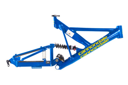 USED Late 90's Vintage Cannondale Super V 4000 DH Large Full Suspension Down Hill Mountain Bike Frame w/ Stratos Helix Coil Shock Blue