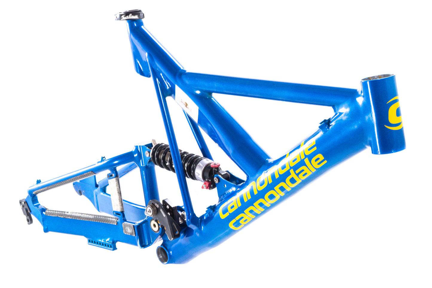 USED Late 90's Vintage Cannondale Super V 4000 DH Large Full Suspension Down Hill Mountain Bike Frame w/ Stratos Helix Coil Shock Blue