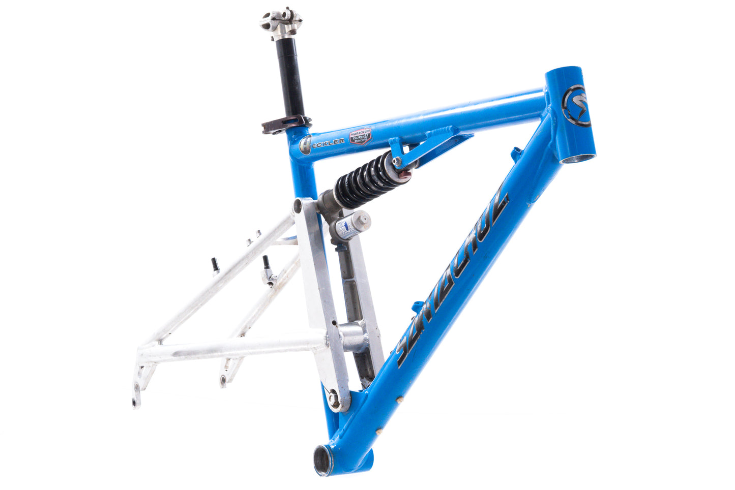 USED Vintage 1990's Santa Cruz Heckler Med Full Sus Aluminum Mountain Bike Frame 26" Fox Vanilla TC Coil Rim Brake Blue