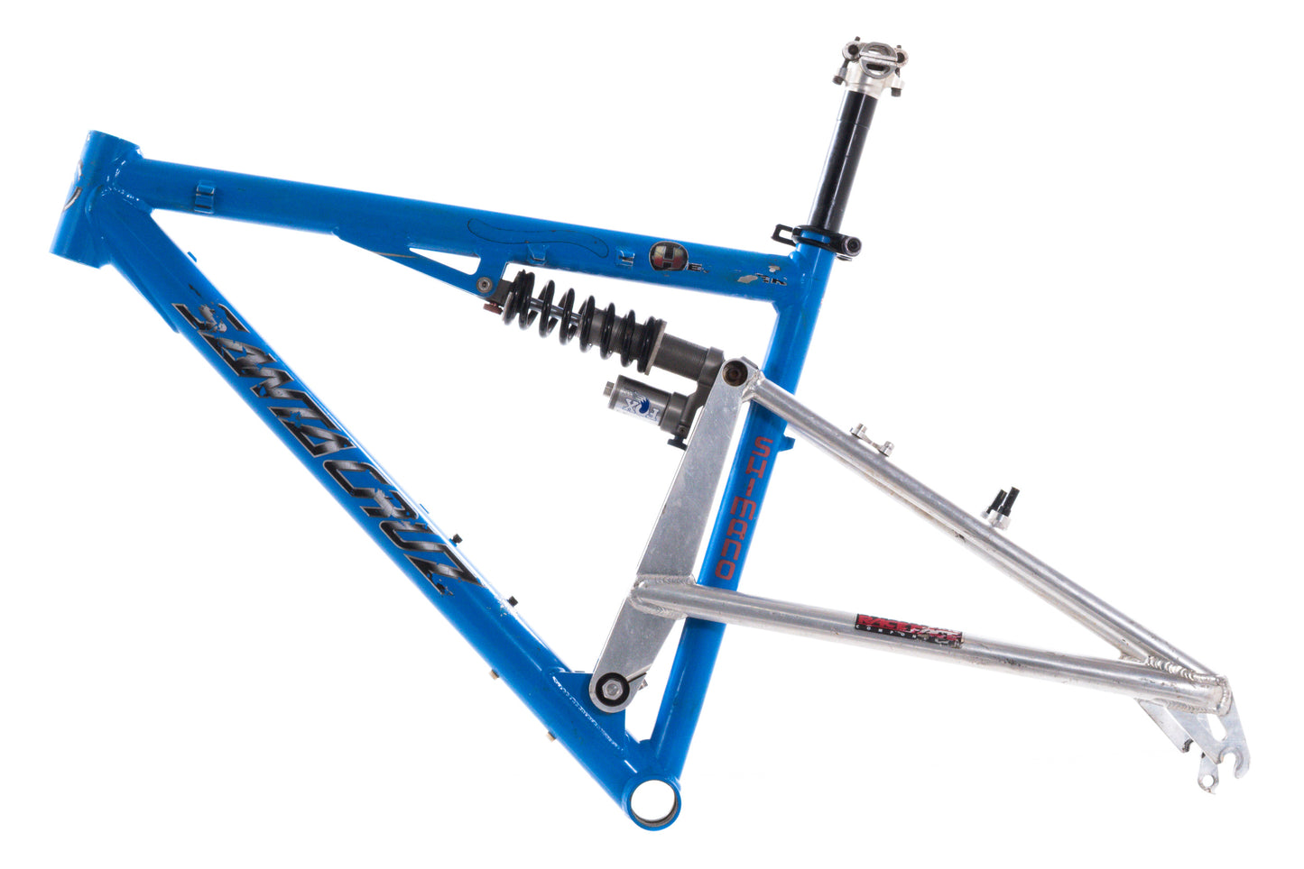 USED Vintage 1990's Santa Cruz Heckler Med Full Sus Aluminum Mountain Bike Frame 26" Fox Vanilla TC Coil Rim Brake Blue