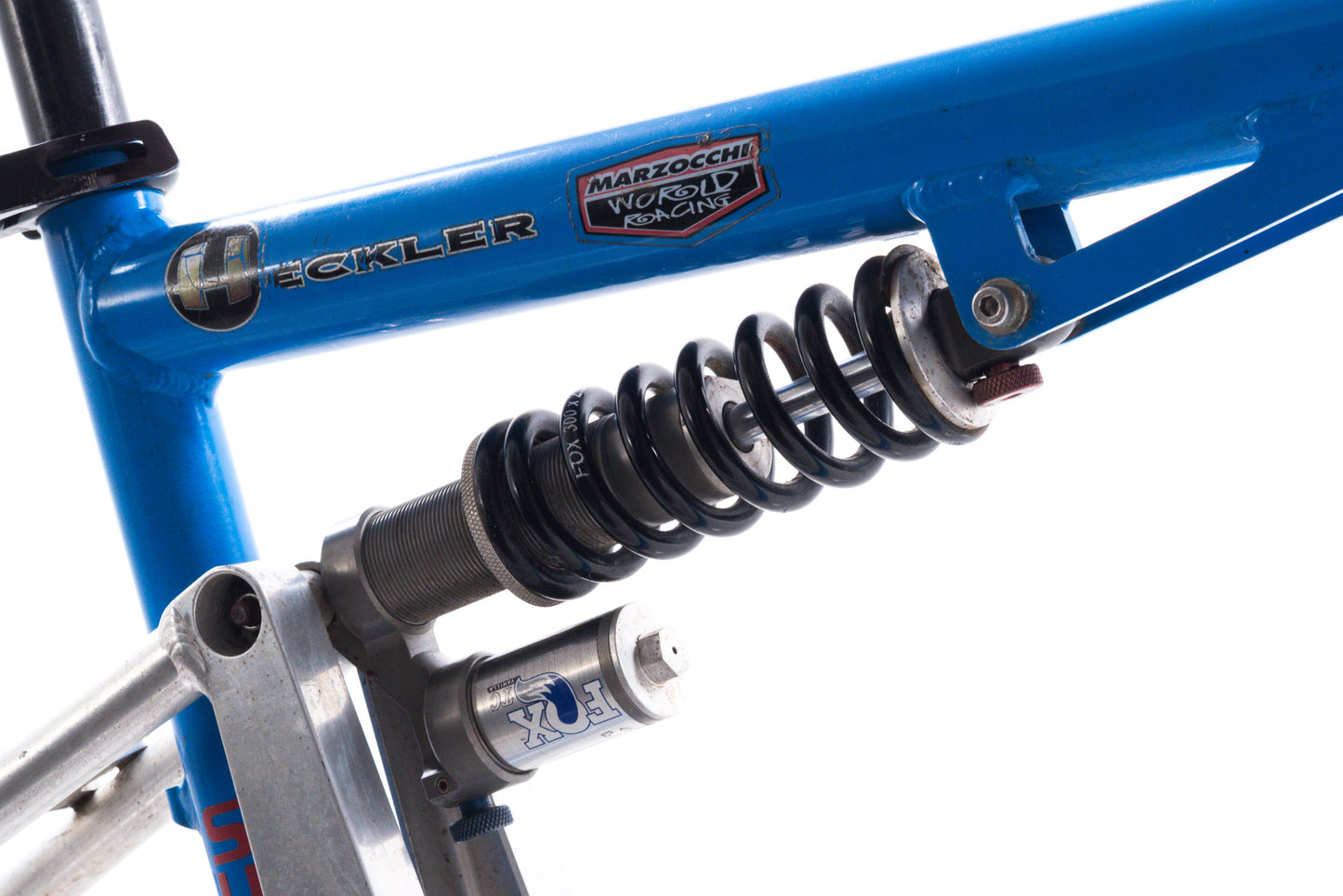 USED Vintage 1990's Santa Cruz Heckler Med Full Sus Aluminum Mountain Bike Frame 26" Fox Vanilla TC Coil Rim Brake Blue