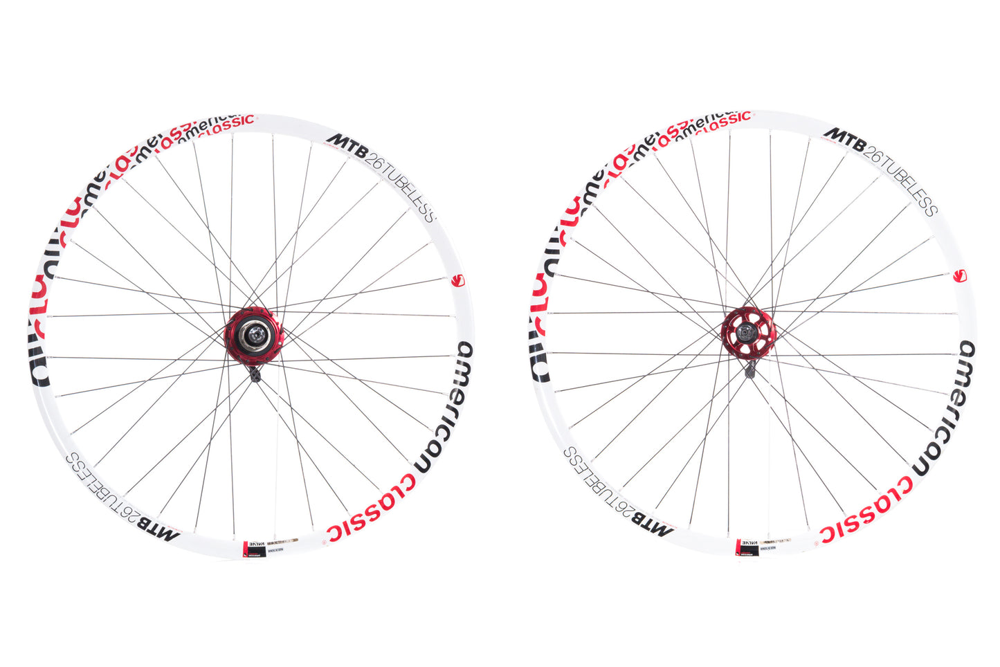 USED American Classic 26" Tubeless Mountain Bike 6-Bolt Disc Wheelset QR White/Red