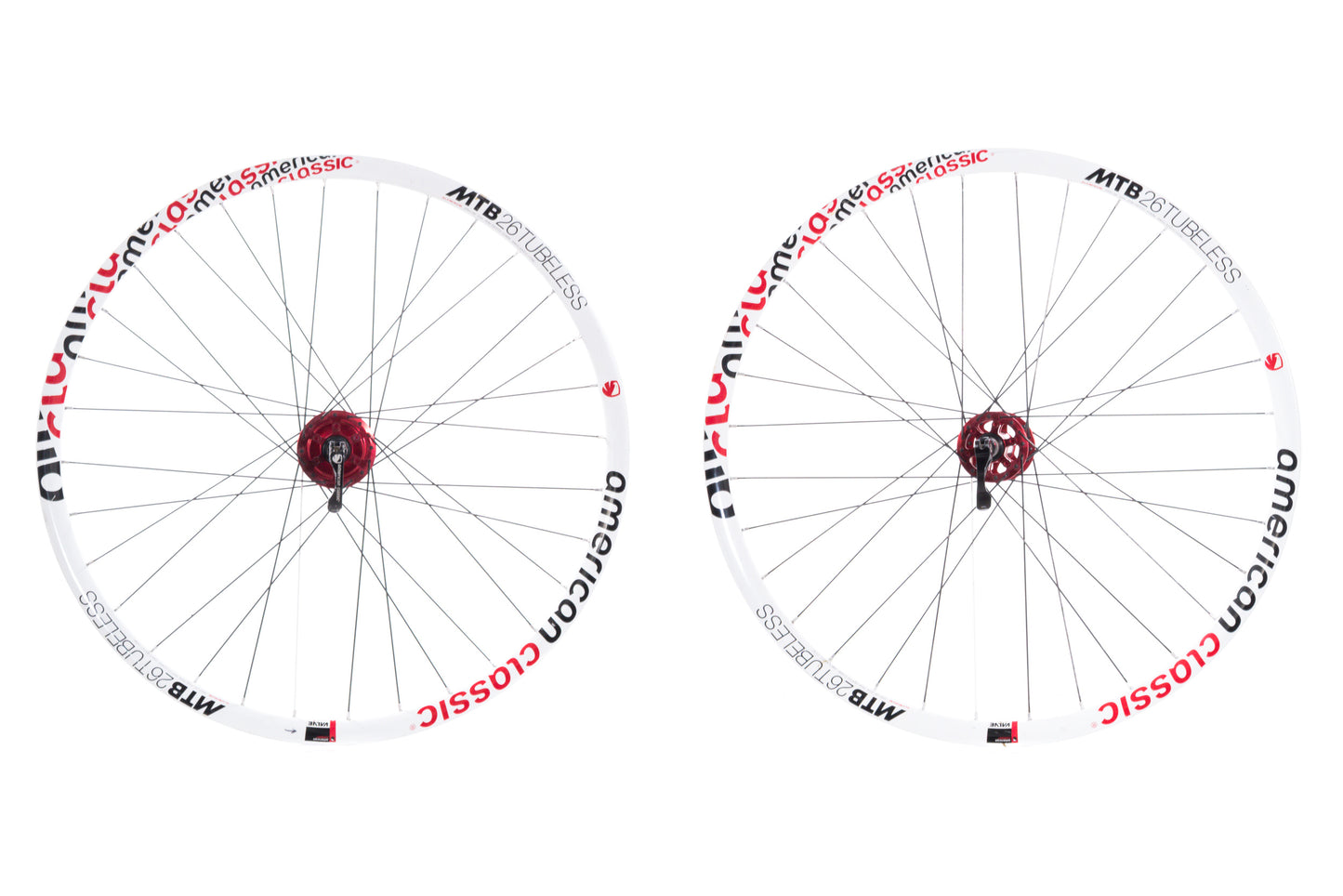 USED American Classic 26" Tubeless Mountain Bike 6-Bolt Disc Wheelset QR White/Red