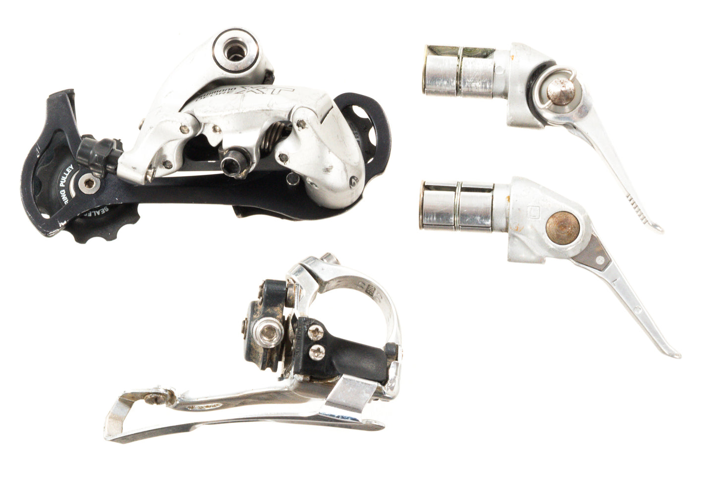 USED Shimano Deore XT M750 3x9 speed Triple Touring Groupset Rivendell Silver Bar End Shifters
