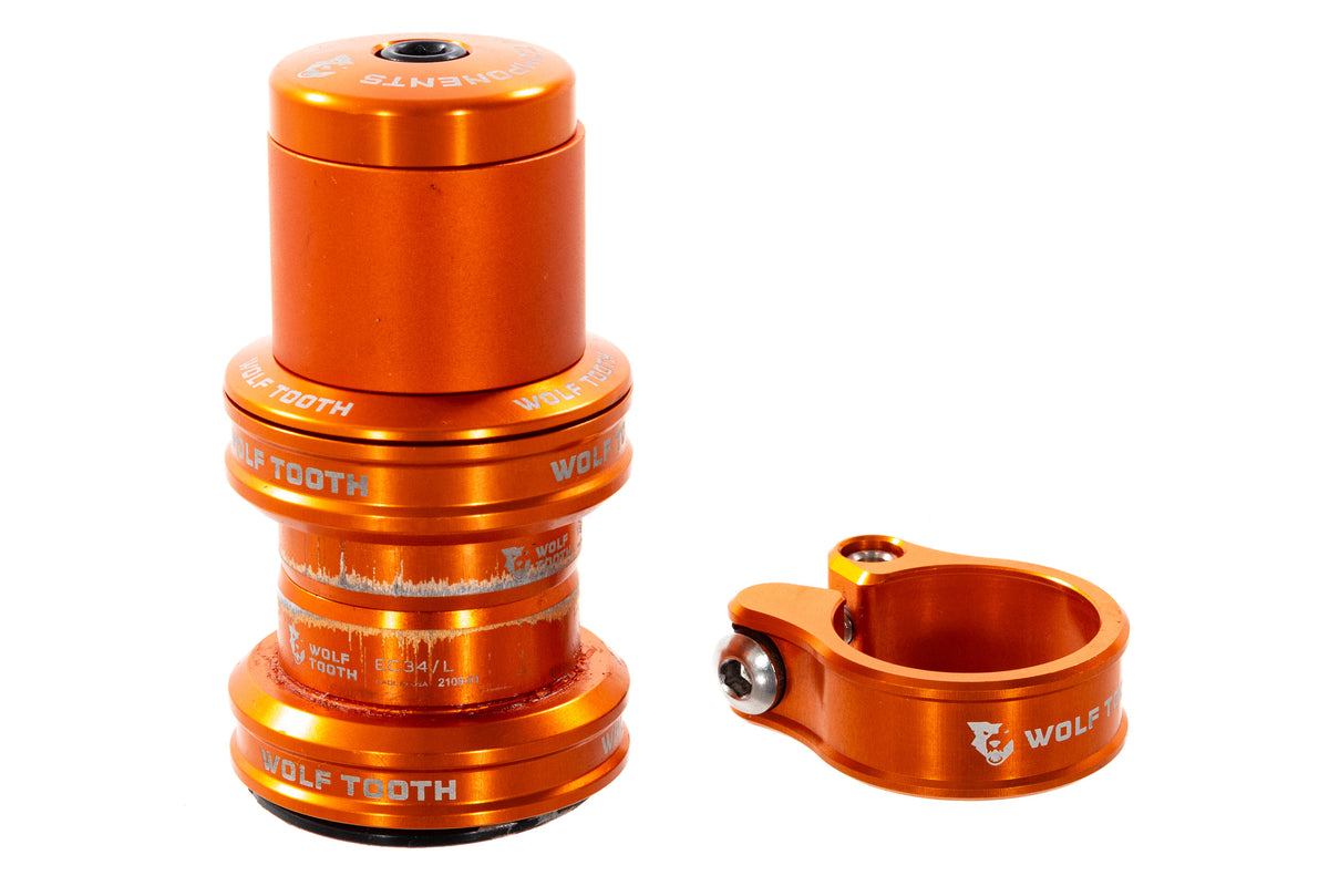 USED Wolf Tooth Orange 1-1/8" Straight External Cup Headset EC34 w/ Spacer and Seatpost Clamp and 31.8mm Seatpost Clamp