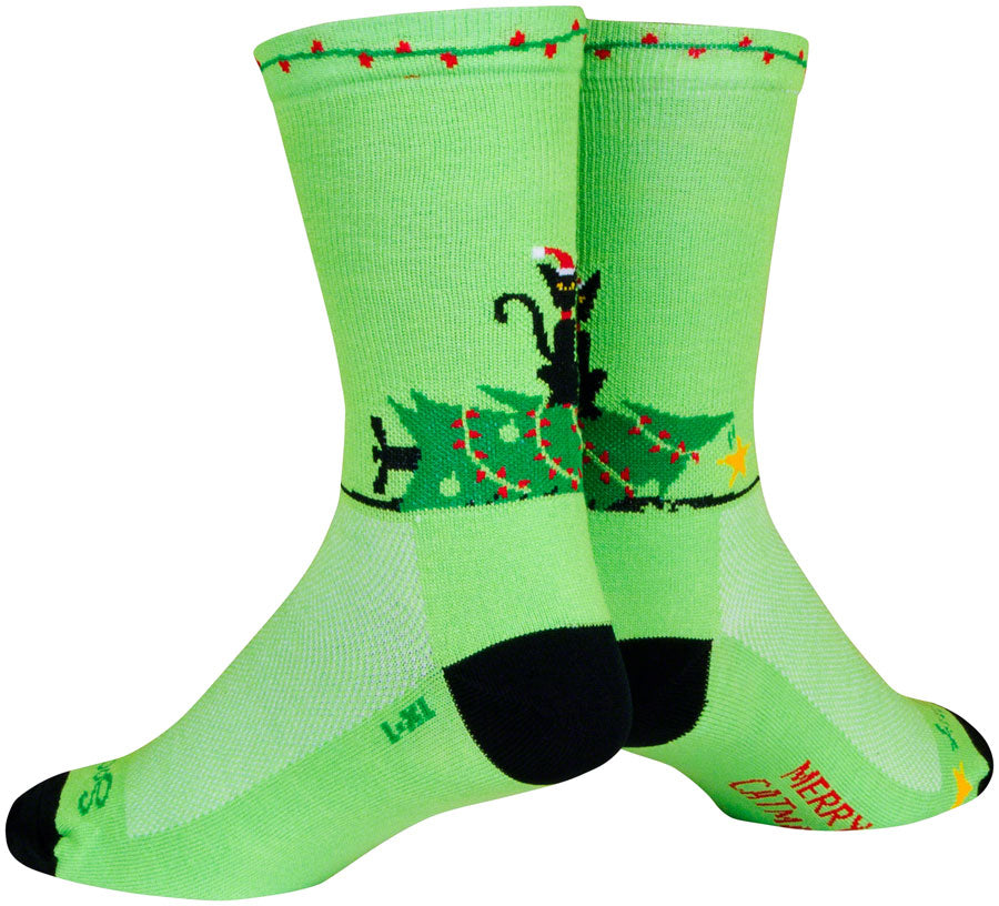 NEW SockGuy Merry Catmas Crew Socks - 6 inch, Green/Black, Small/Medium - Around the Cycle