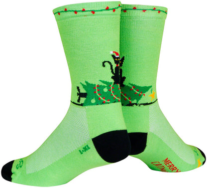 NEW SockGuy Merry Catmas Crew Socks - 6 inch, Green/Black, Small/Medium - Around the Cycle