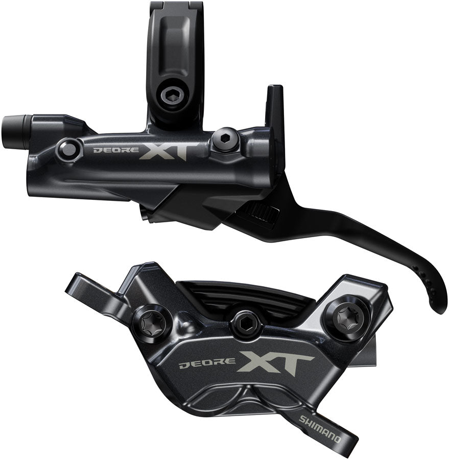 NEW Shimano Deore XT BR-M8220 Disc Brake and BL-M8200 Lever - Left/Front, Post Mount, 4-Piston Caliper, SM-BH90-SBM Hose, Fin Metal Pads, Black - Around the Cycle