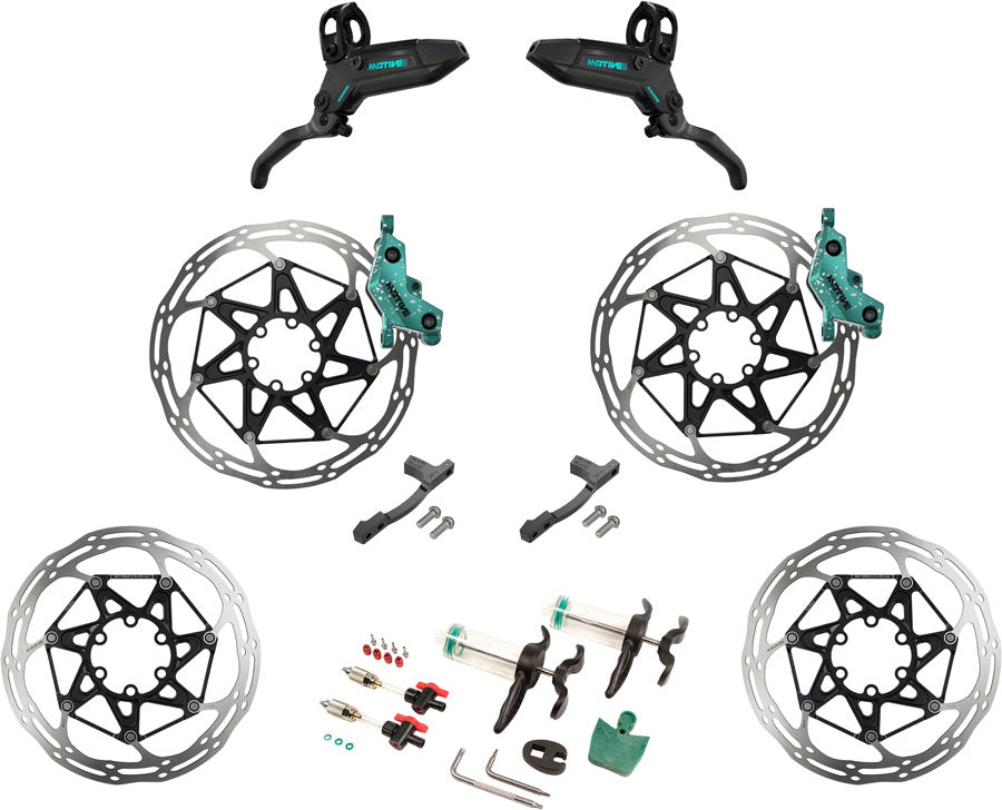 NEW SRAM Motive Ultimate Stealth Expert Disc Brake Kit - Front/Rear Levers, Front/Rear Teal Splatter Calipers, Adapters, Rotors, Bleed Kit, A1 - Around the Cycle