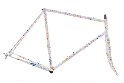 USED Vintage Lugged Steel Road Bike Frame 57cm Campagnolo Dropouts White/Multi-Color Splatter Re-Paint