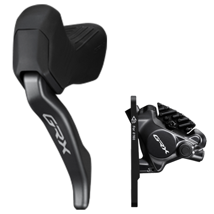 NEW Shimano GRX ST-RX825 Di2 Shift/Brake Lever with BR-RX820 Hydraulic Disc Brake Caliper - Left/Front, 1x, Flat Mount Caliper, Black - Around the Cycle