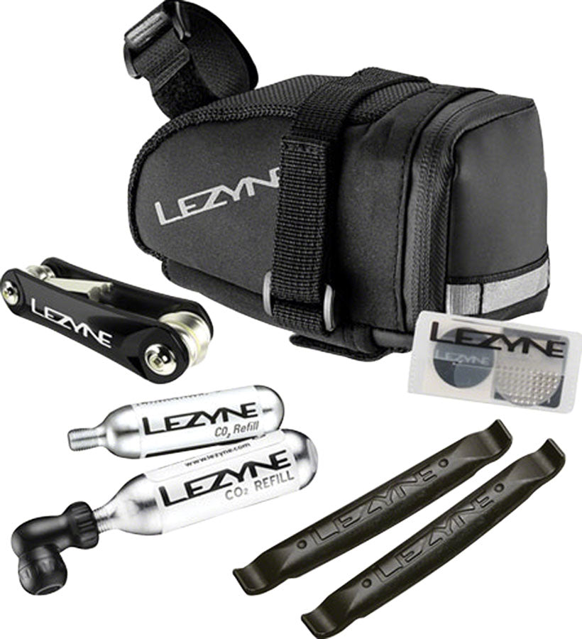 NEW Lezyne M-Caddy Seat Bag with Twin Speed Drive 16g CO2, Rap6 Tool, SmartKit, and Composite Matrix Tire Levers: Black - Around the Cycle