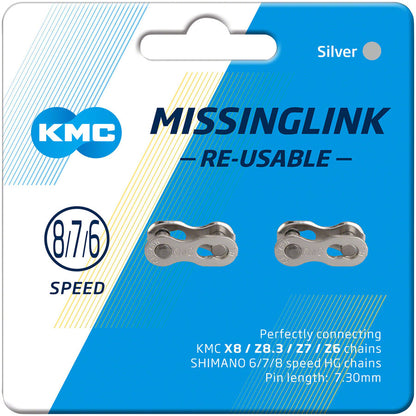 NEW KMC MissingLink CL573R 7.3mm Connector - 6,7,8-Speed, Reusable, Silver, 2 Pairs/Card - Around the Cycle