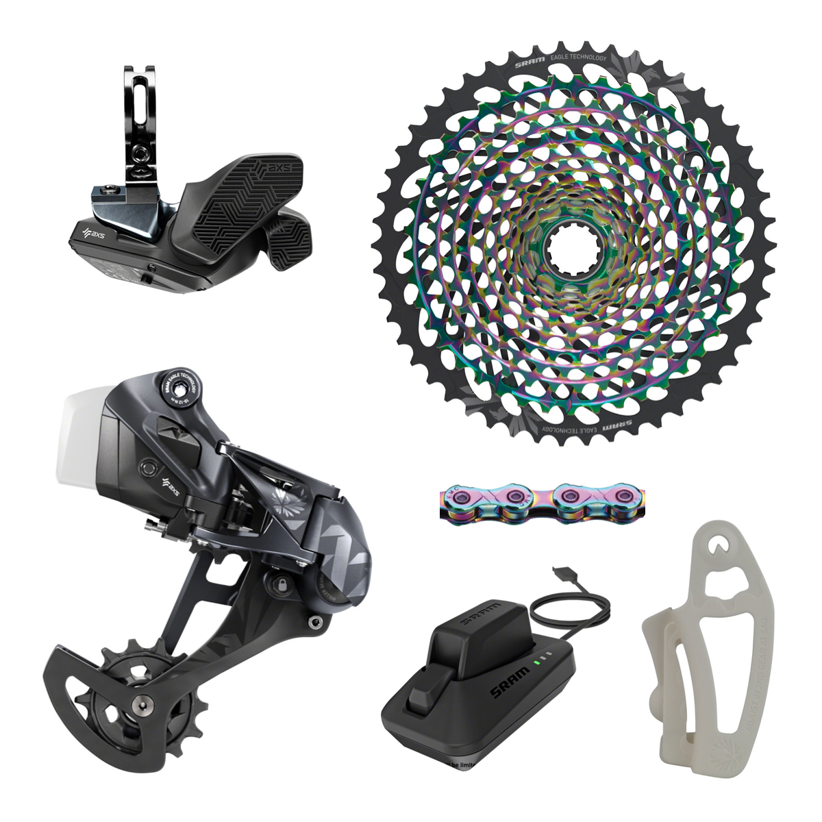 NEW SRAM XX1 Eagle AXS Rainbow Upgrade Kit - Rear Derailleur, Shifter, Cassette 10-50t, KMC Oil Slick Chain, Charger/Cord, Battery